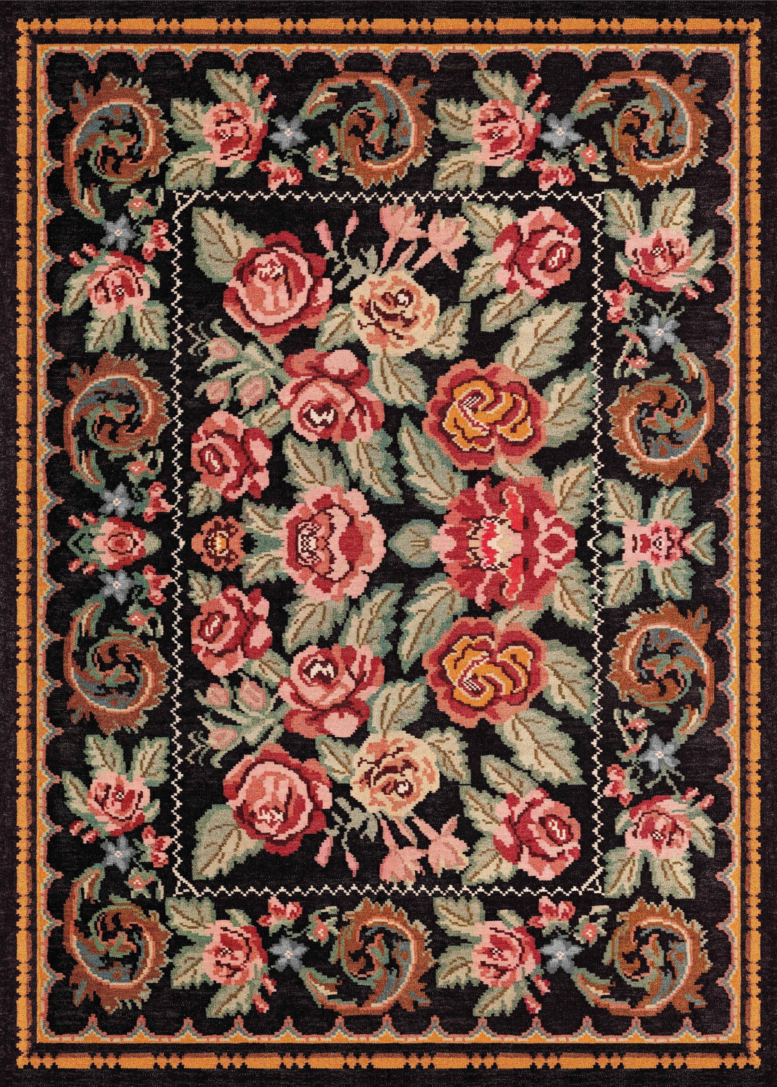 ELISTA VINTAGE ELS 207 BLACK MULTY  Vintage Tasarımlı Yumuşak Bukle Dokuma Kaymaz Tabanlı Yıkanabilir Modern Halı