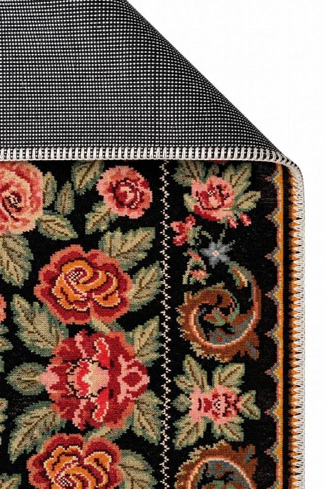 ELISTA VINTAGE ELS 207 BLACK MULTY  Vintage Tasarımlı Yumuşak Bukle Dokuma Kaymaz Tabanlı Yıkanabilir Modern Halı