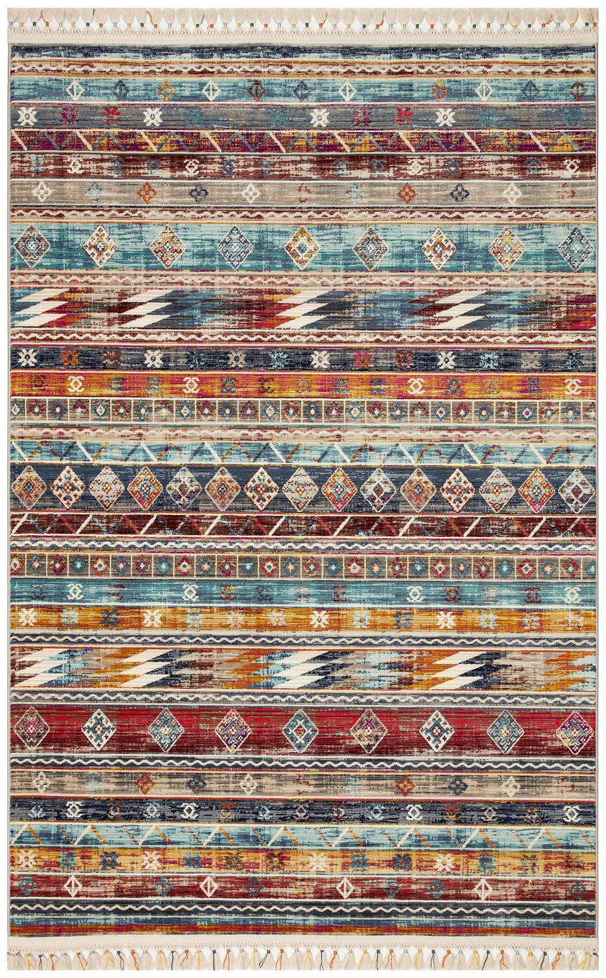 PETRA PR 03 MULTY  Hav Toz Vermez Etnik ve Modern Desenli Renkli Saçaklı Halı