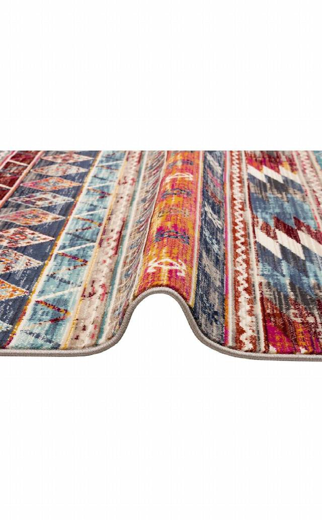 PETRA PR 03 MULTY  Hav Toz Vermez Etnik ve Modern Desenli Renkli Saçaklı Halı